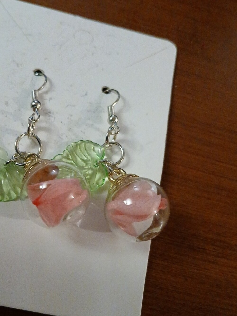 Handmade Pink Glass Flower & Green Leaf Dangle Earrings - Picture 6 of 8